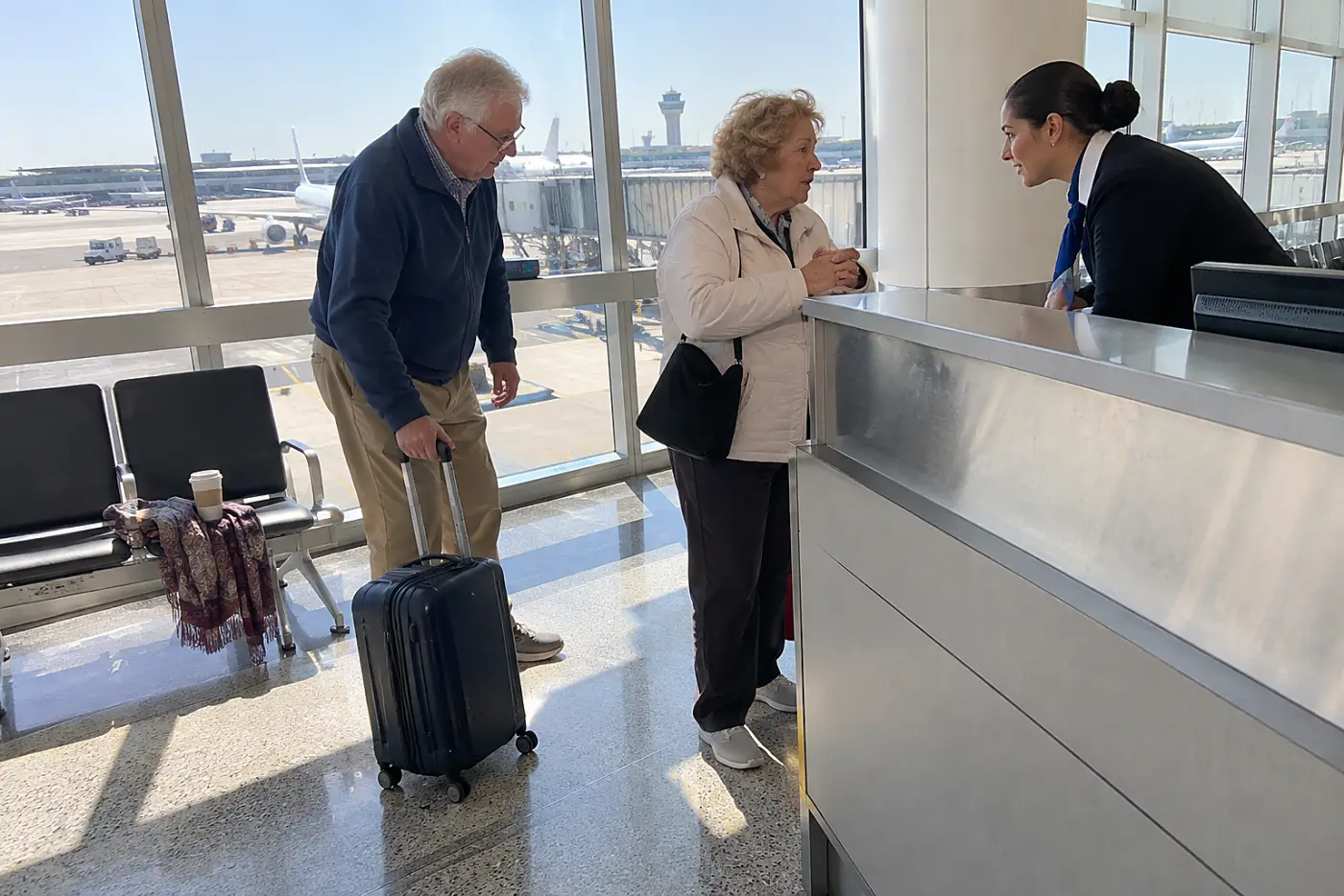 Older woman speaking with an airline agent at an airport assistance desk.
