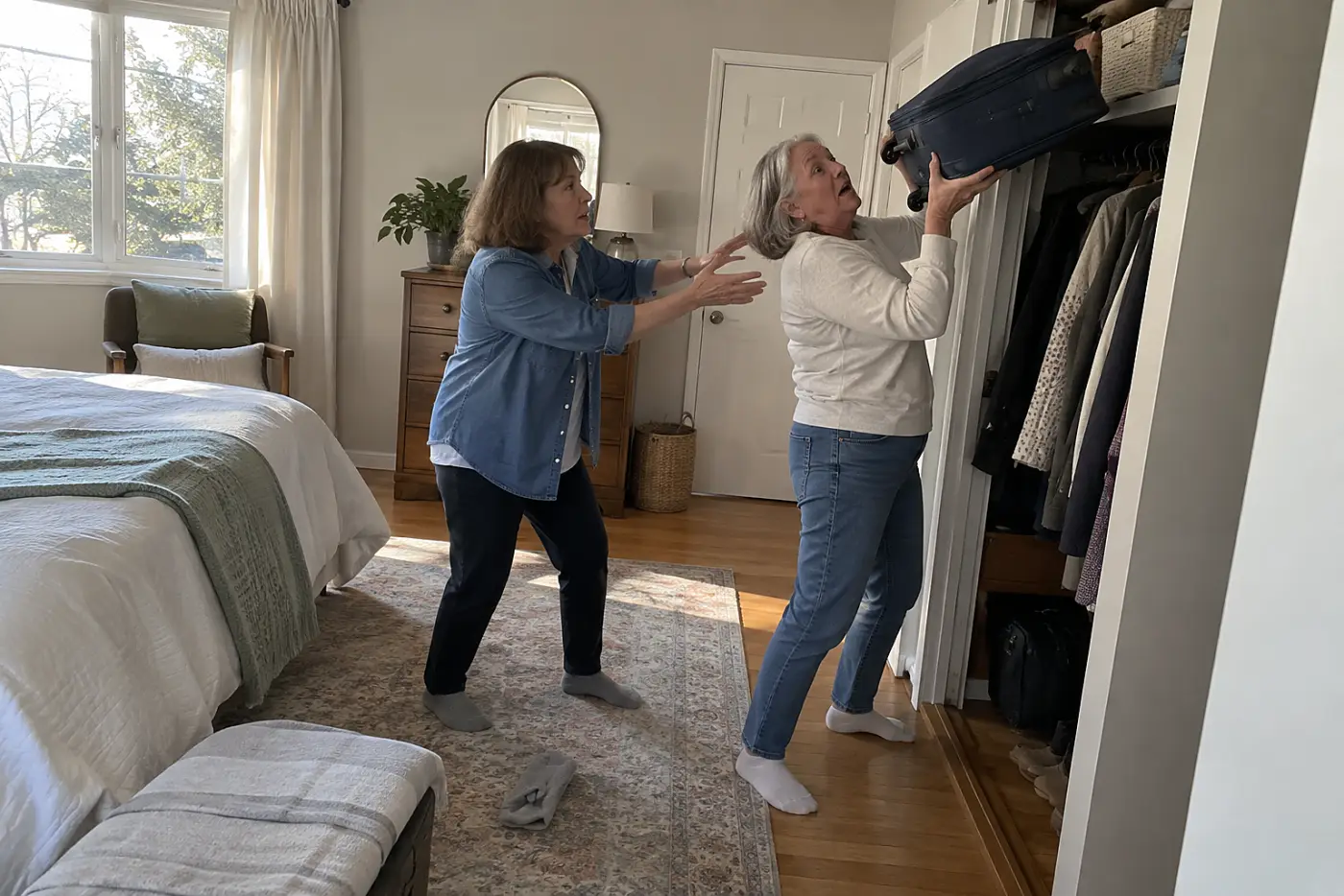 Older woman testing the weight of a carry-on against a closet shelf.