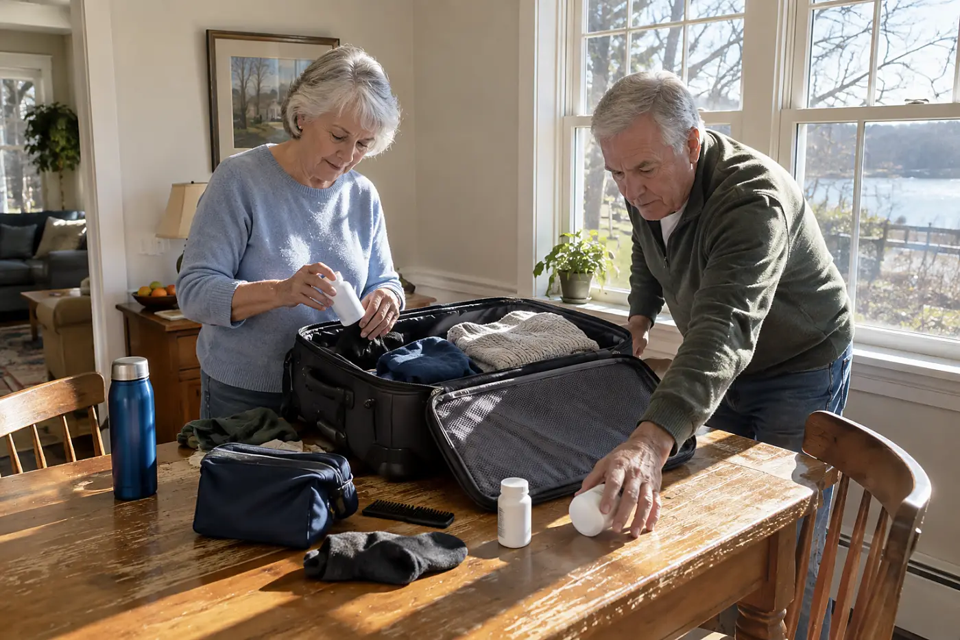 Older woman placing labeled medicine bottles in her carry-on at home.