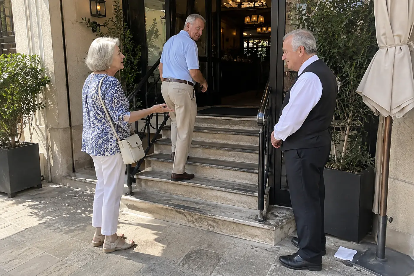Older woman speaking to a restaurant host beside an entry staircase.