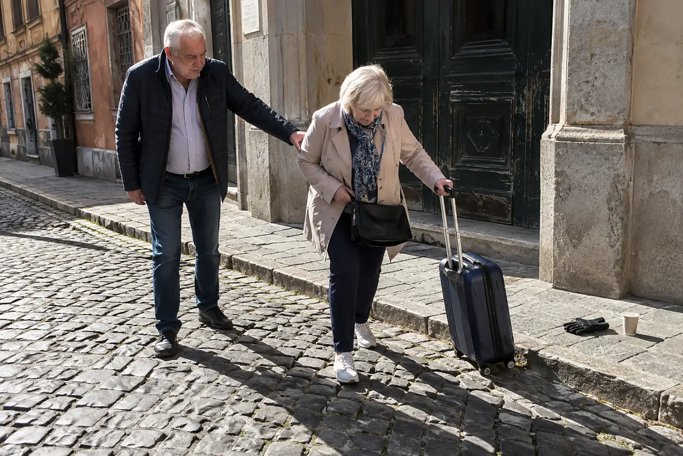 Older woman walking carefully across cobblestones near her hotel.