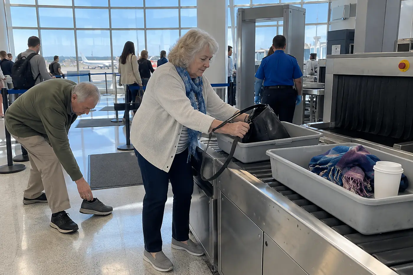 Older woman placing her bag on the security belt at an airport checkpoint.