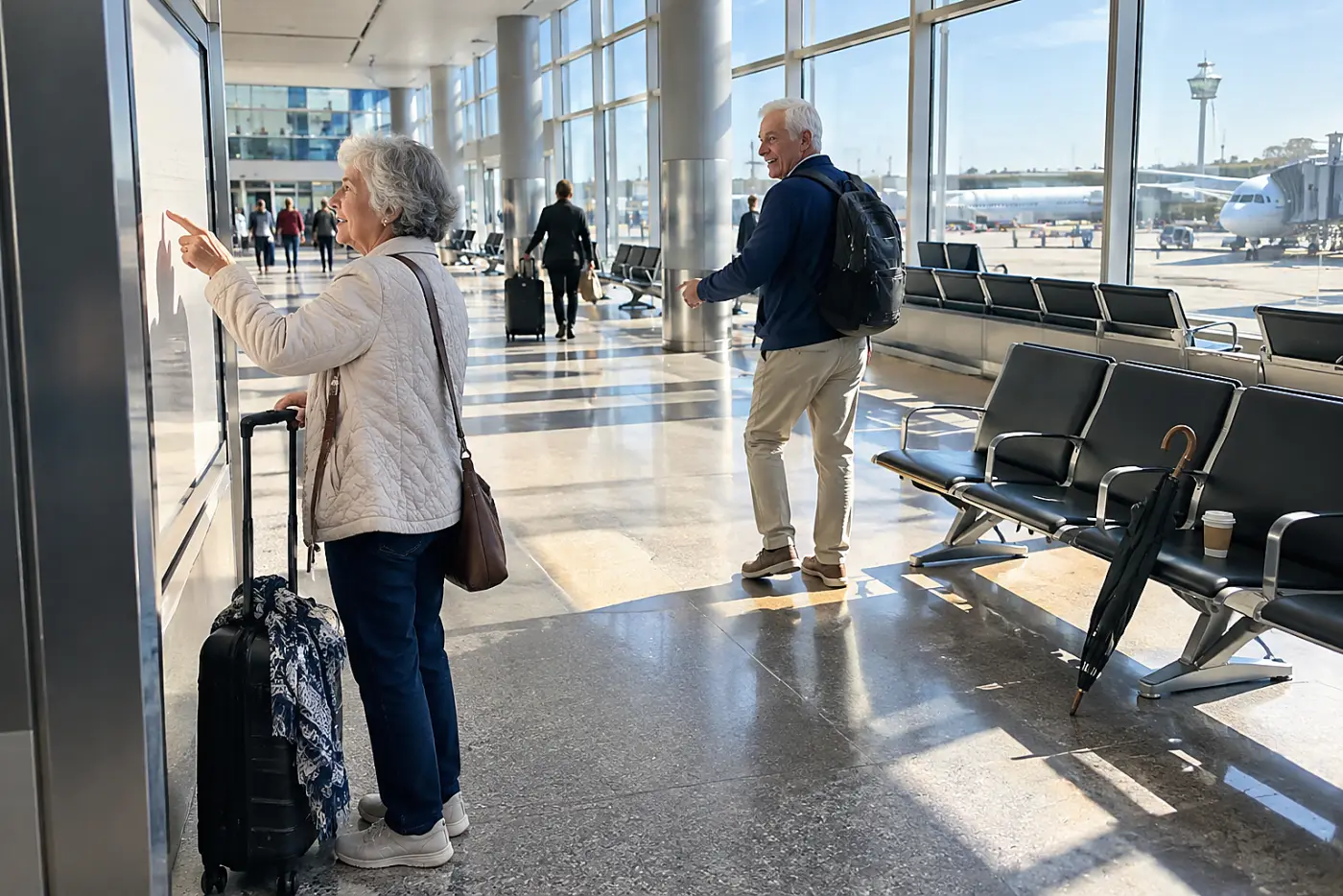 Older woman studying connecting gates on an airport map.