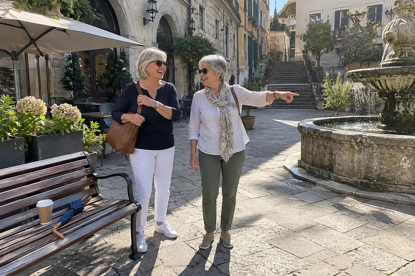 Two older women agreeing on a meeting place outside a café.