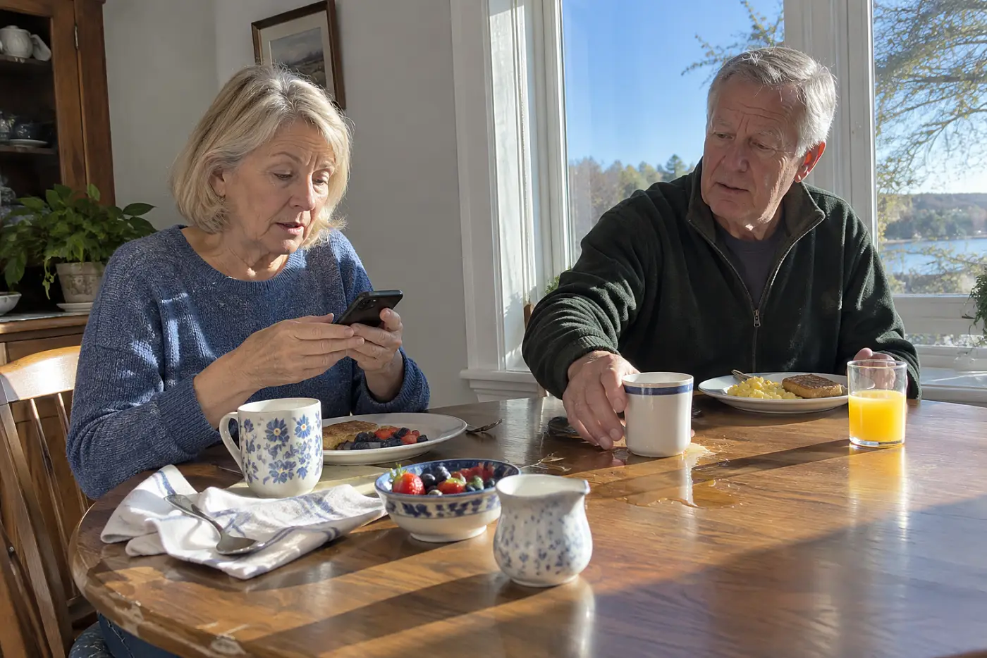 Older woman checking a museum ticket on her phone at a breakfast table.