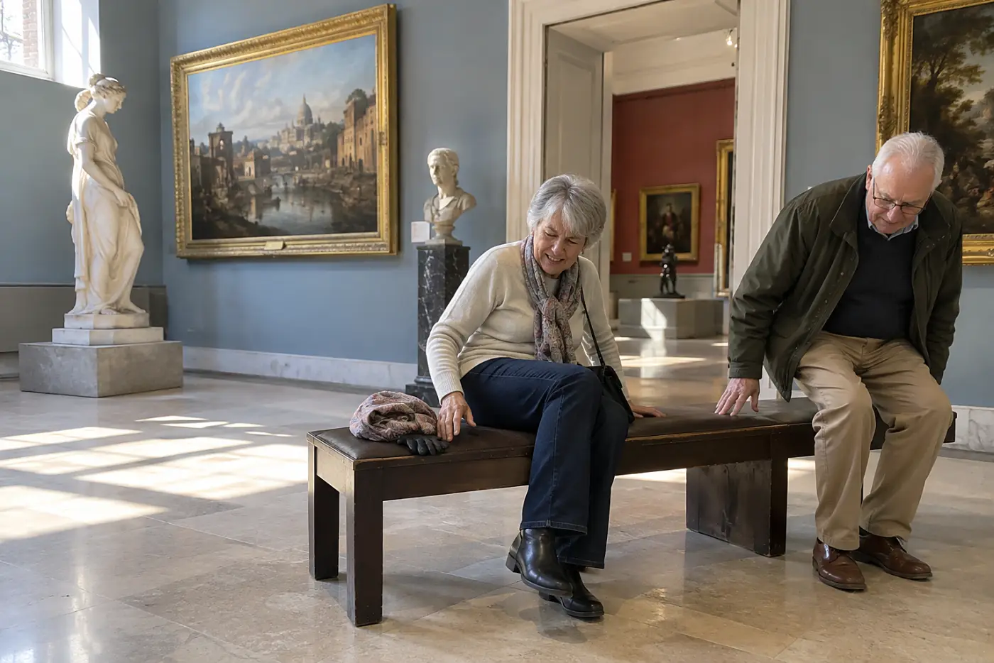 Older woman sitting on a museum bench beside a gallery doorway.