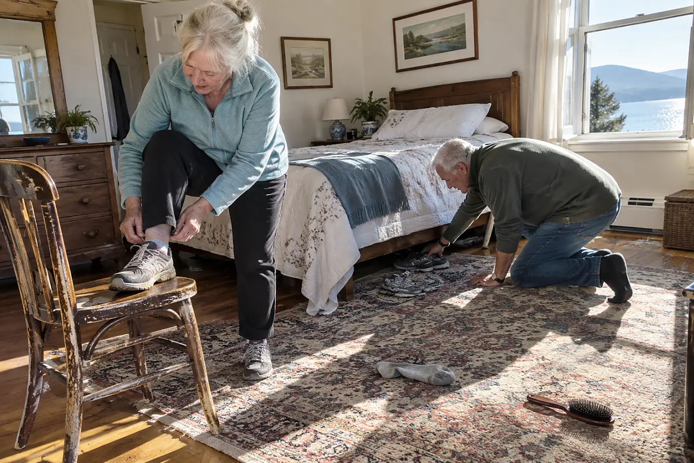 Older woman checking the heel of her walking shoe on a bedroom chair.