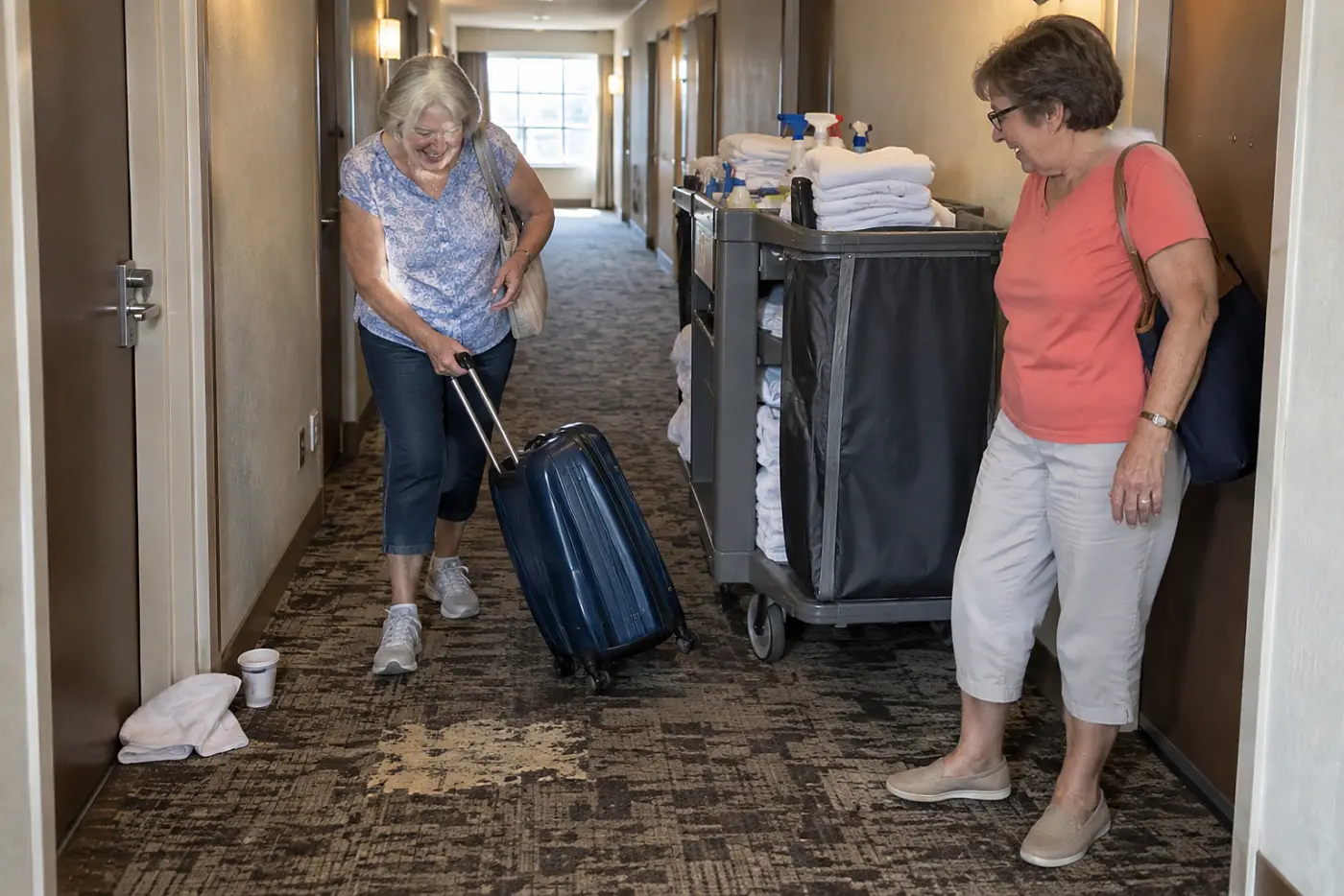 Older woman pulling a suitcase across a carpeted hotel hallway.