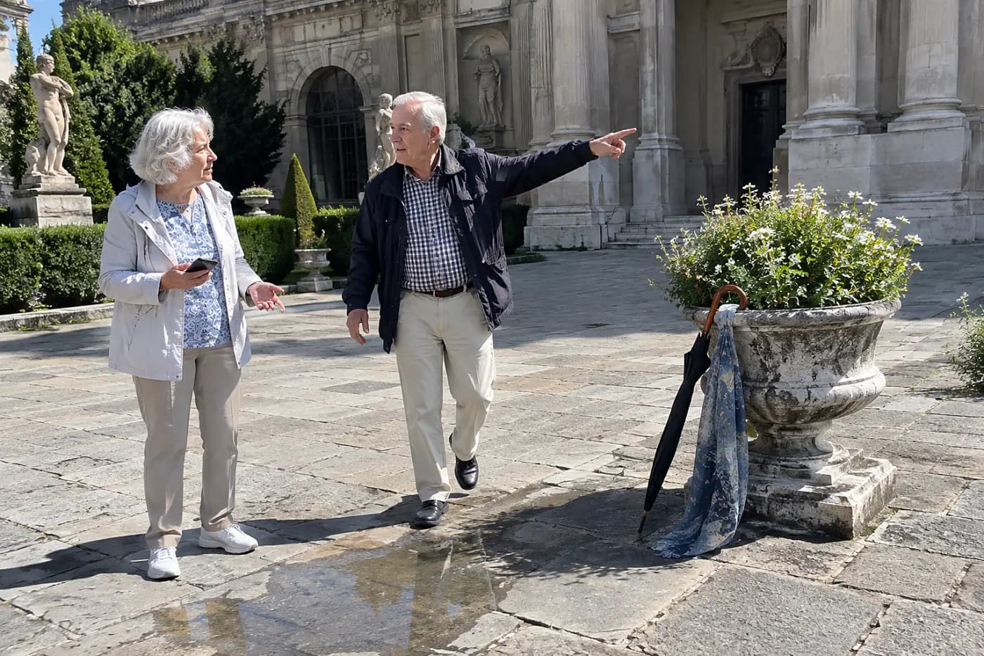 Older woman checking a return route on her phone outside a museum.