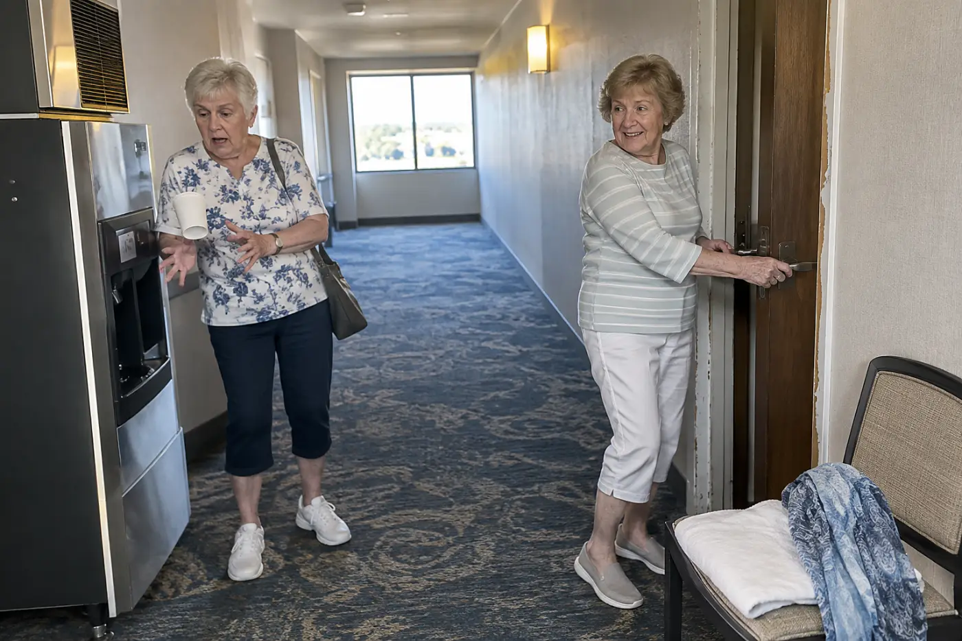 Older woman closing her hotel room door near a hallway ice machine.