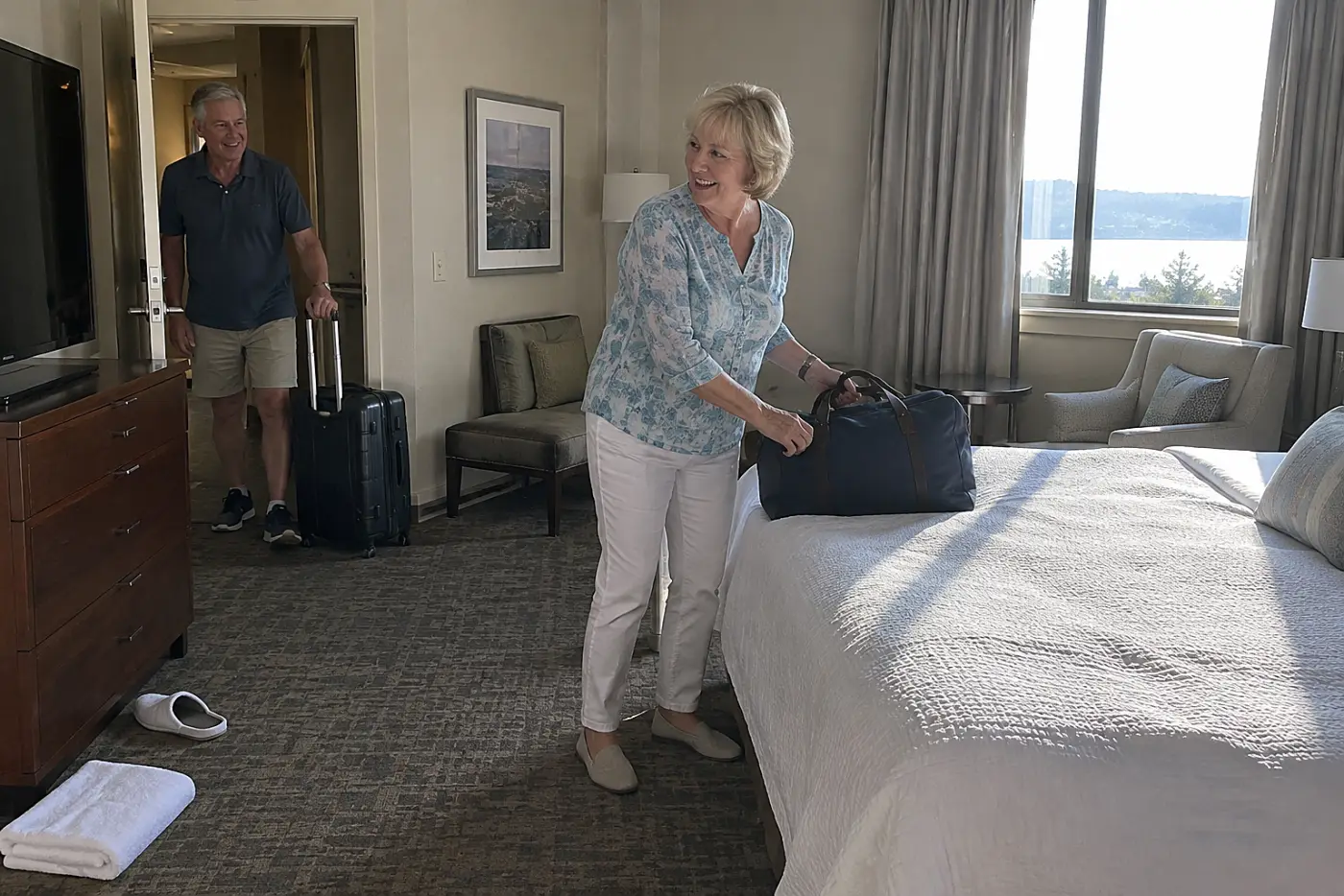 Older woman setting down her bag in a hotel room after arrival.
