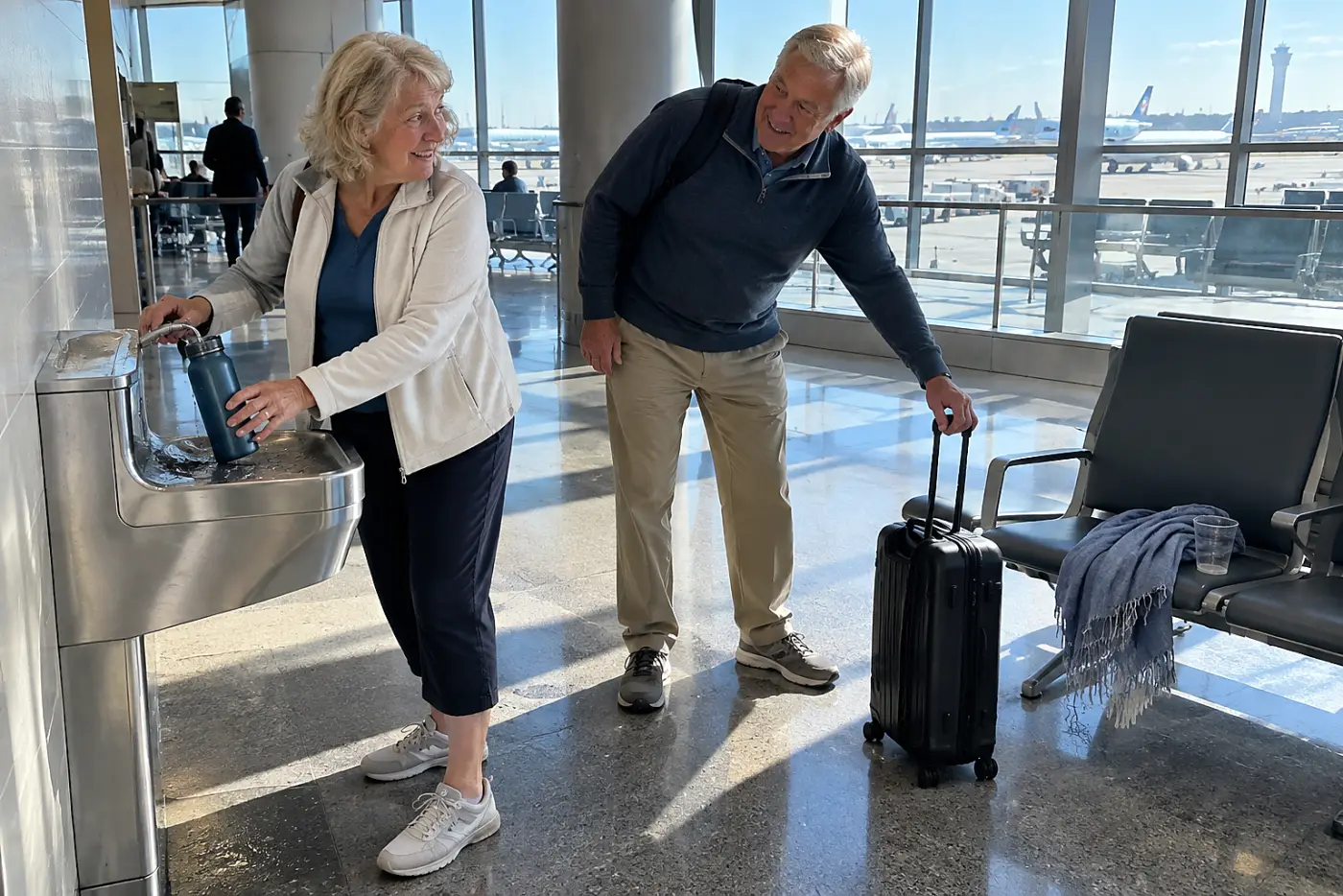 Older woman filling a water bottle at an airport fountain.