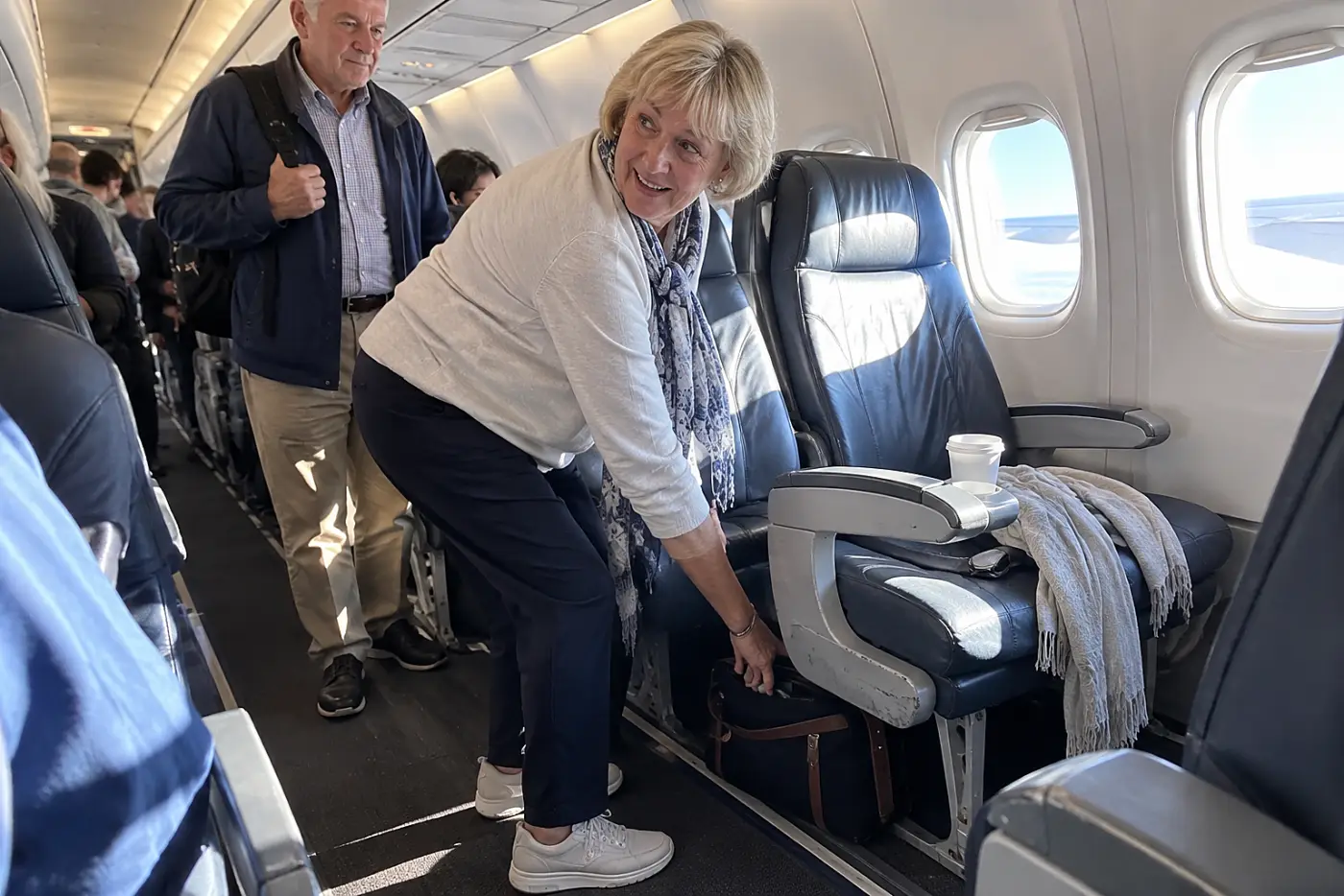 Older woman standing beside an aisle seat inside an airplane.