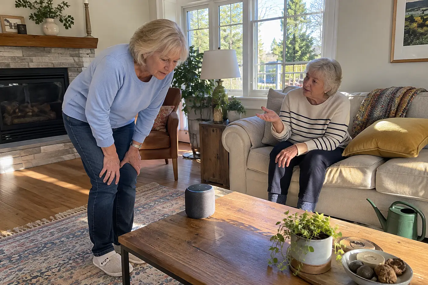 Older woman checking a smart speaker’s response on its screen in her living room.