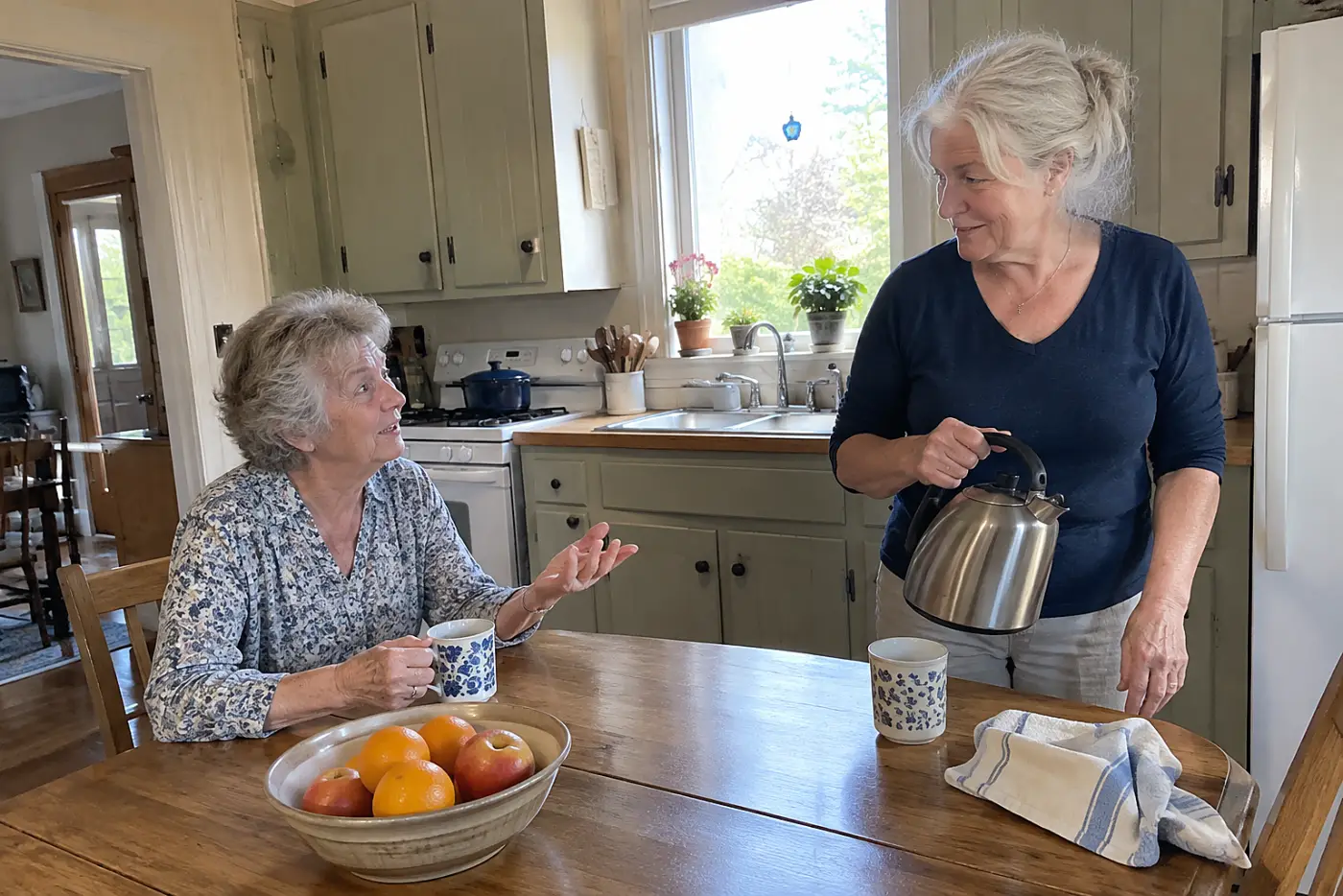 Older woman asking her sister a question across a quiet kitchen table.