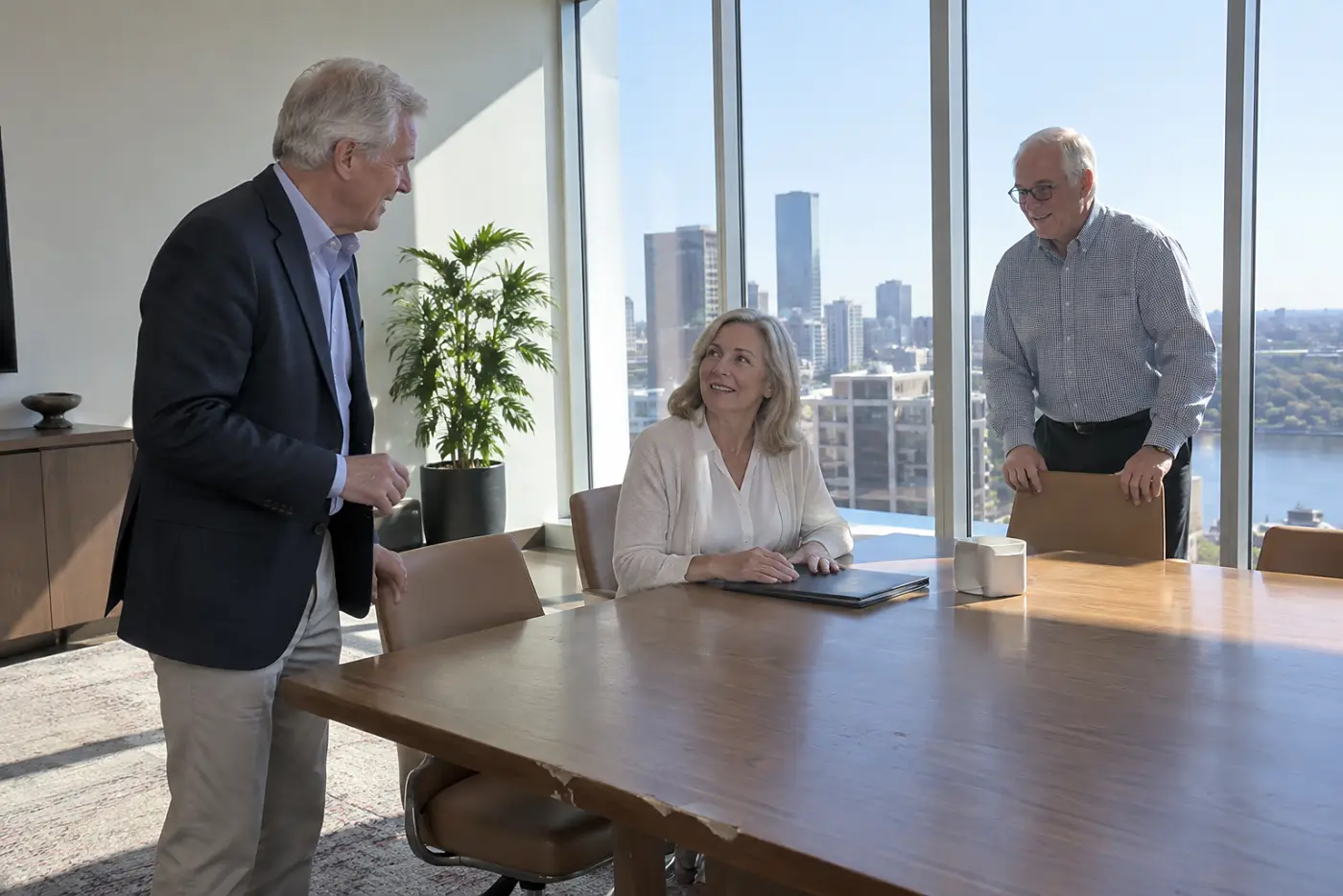 Older woman checking a colleague’s name during a meeting in a conference room.