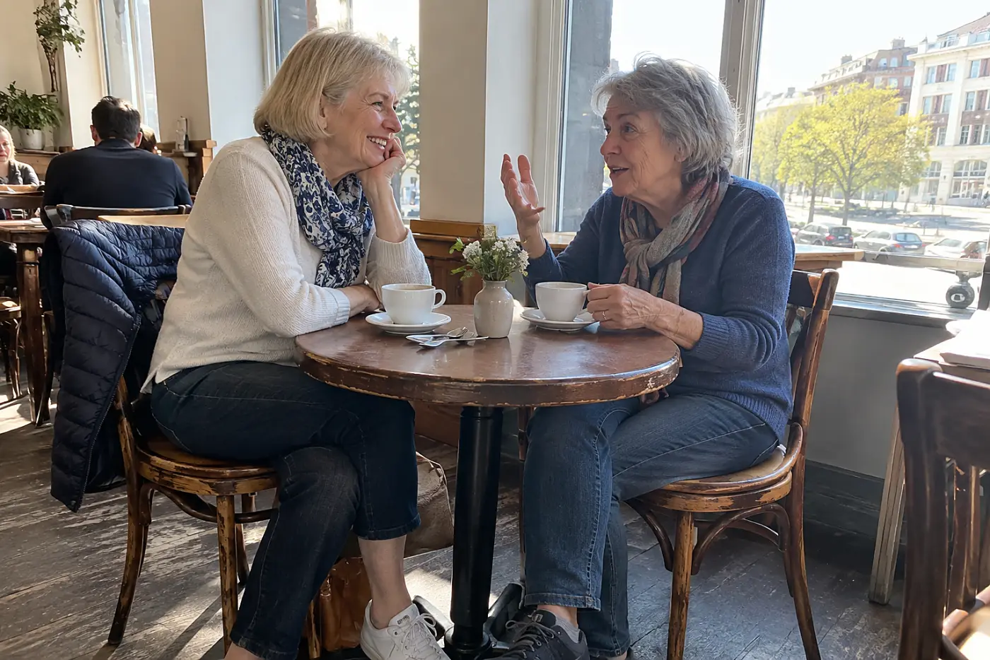 Older woman leaning toward a friend telling a story across a café table.