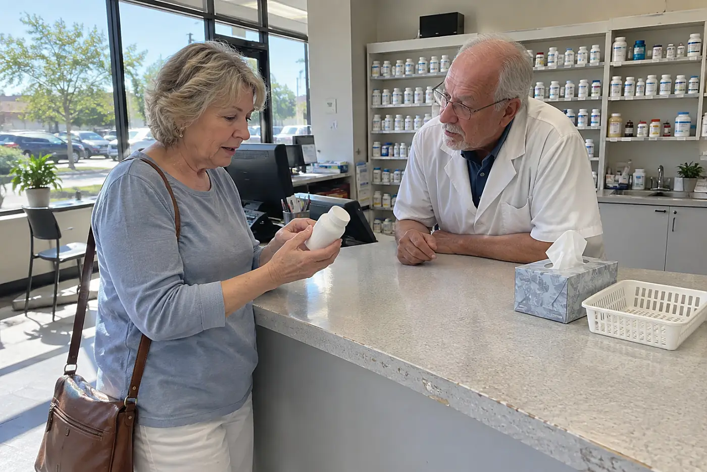 Older woman reading a medicine label while speaking with a pharmacist at the counter.