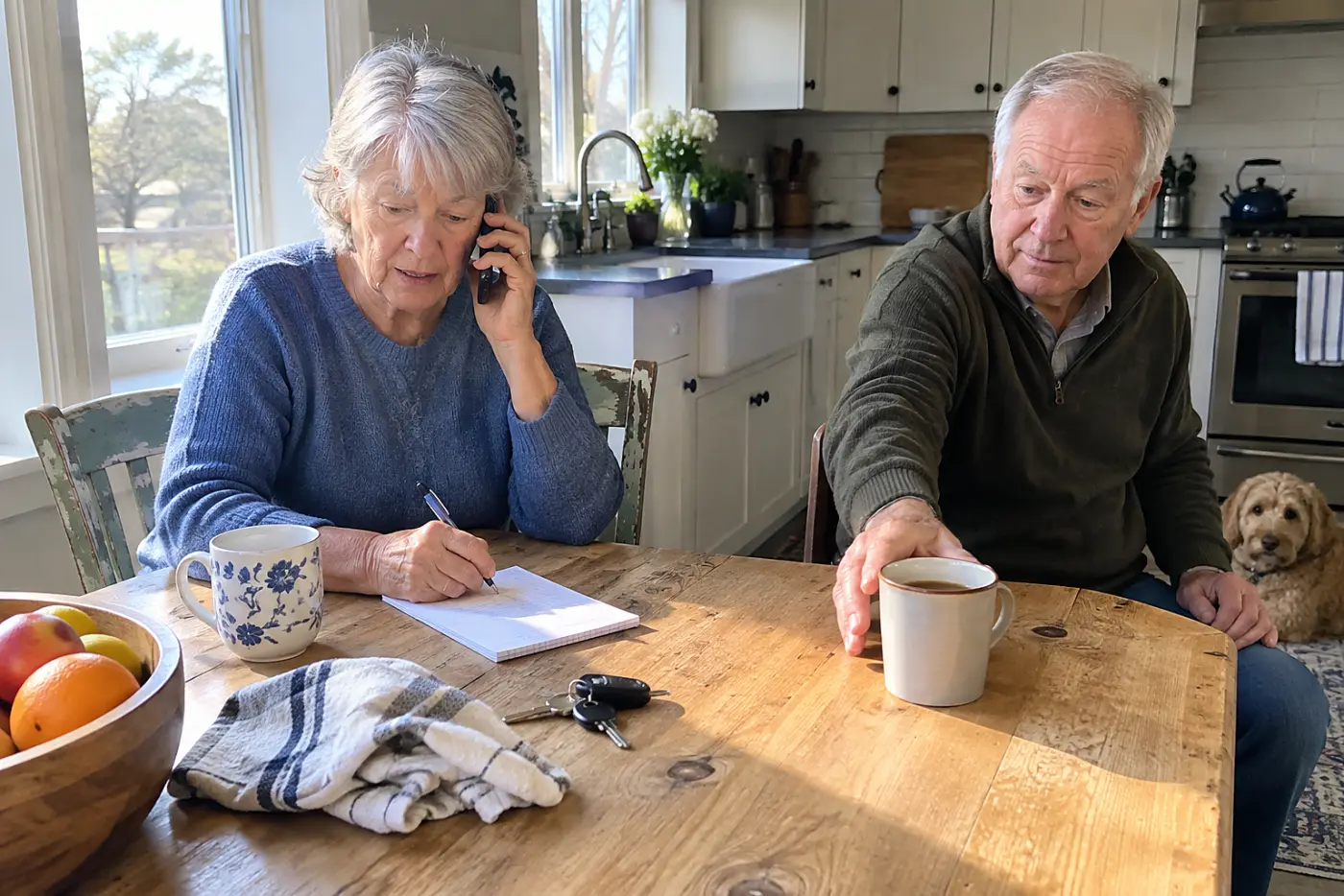 Older woman writing an appointment time on a pad during a phone call at home.