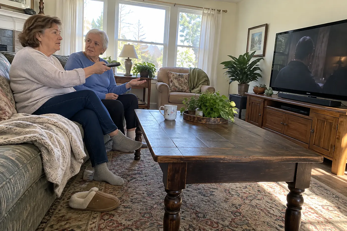 Older woman turning on captions while watching a movie in her living room.