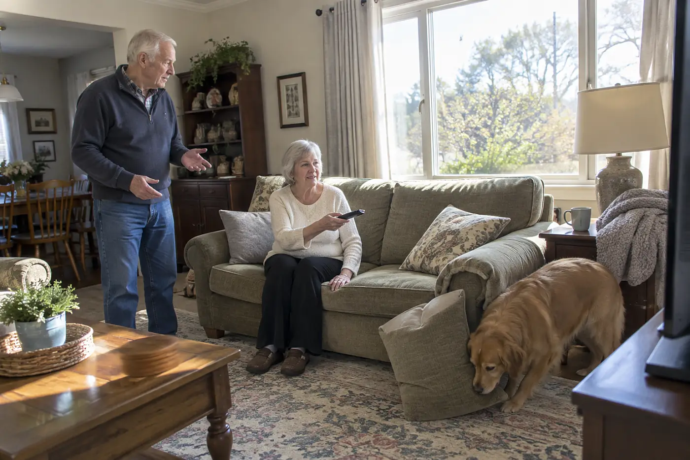 Older woman holding a television remote while her husband sits beside her on the sofa.