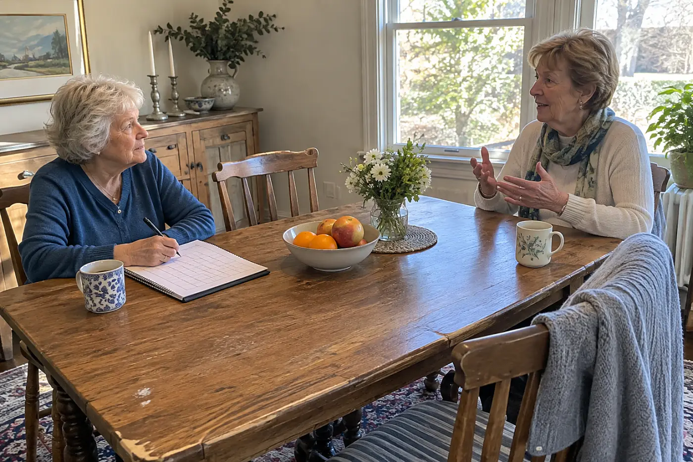 Older woman marking missed conversations on a calendar at her dining table.