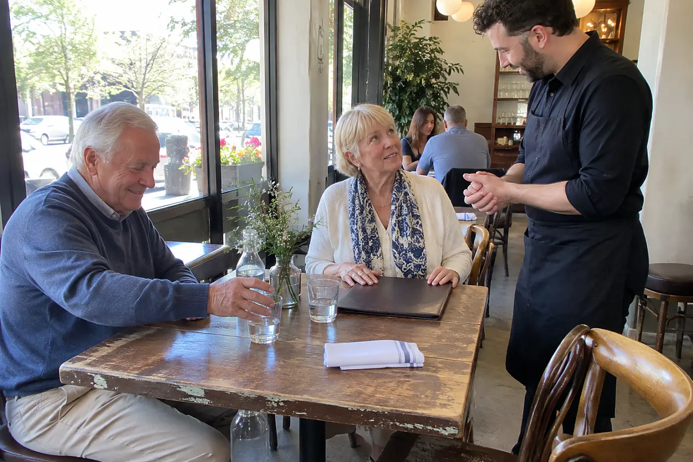 Older woman looking up from a menu as a waiter speaks beside her table.