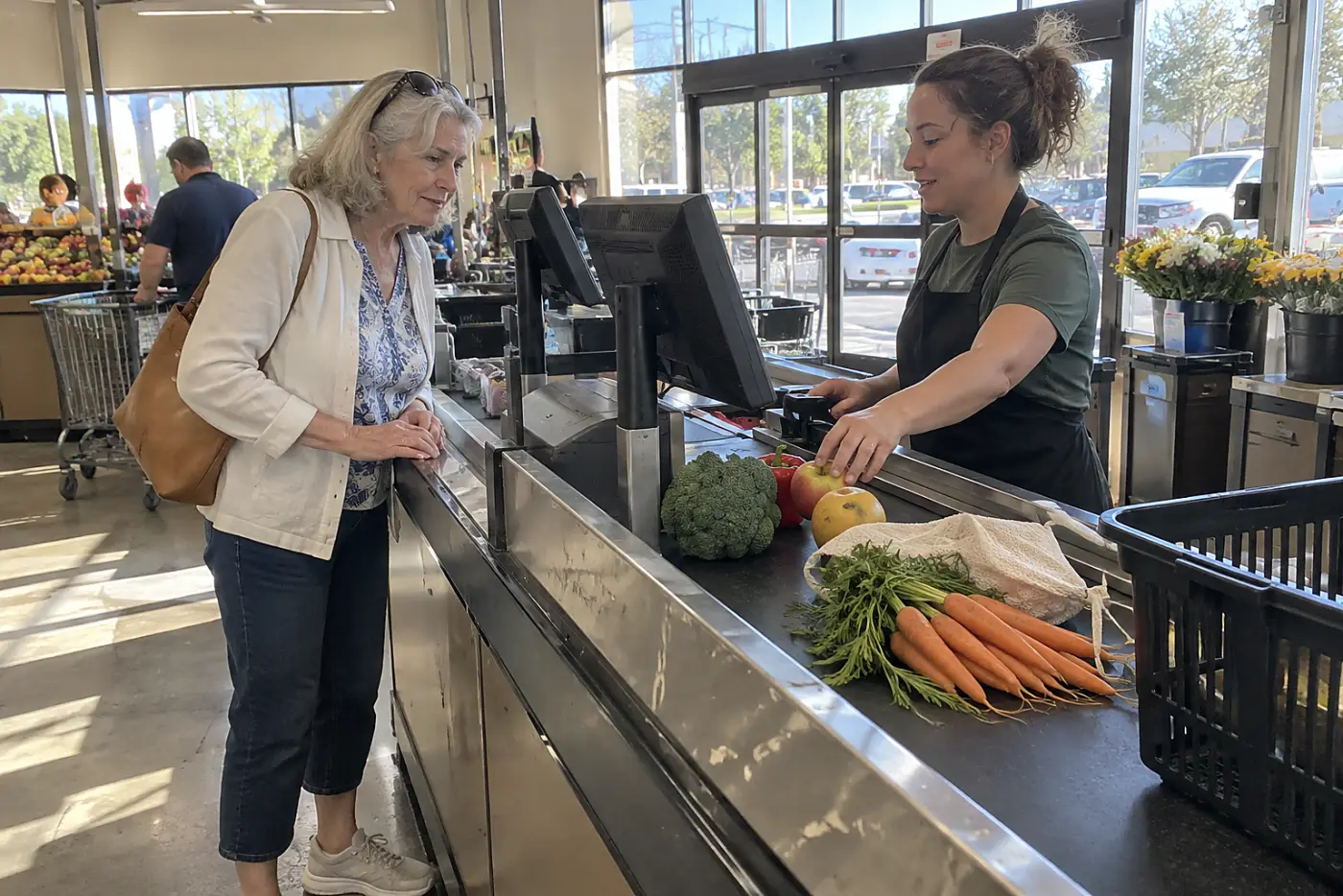 Older woman looking at the register screen while a grocery clerk speaks at a checkout.