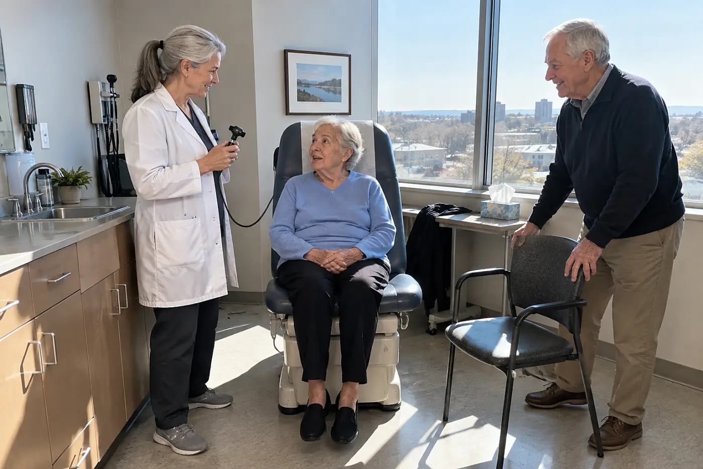 Older woman speaking with a clinician during an ear exam in a clinic room.