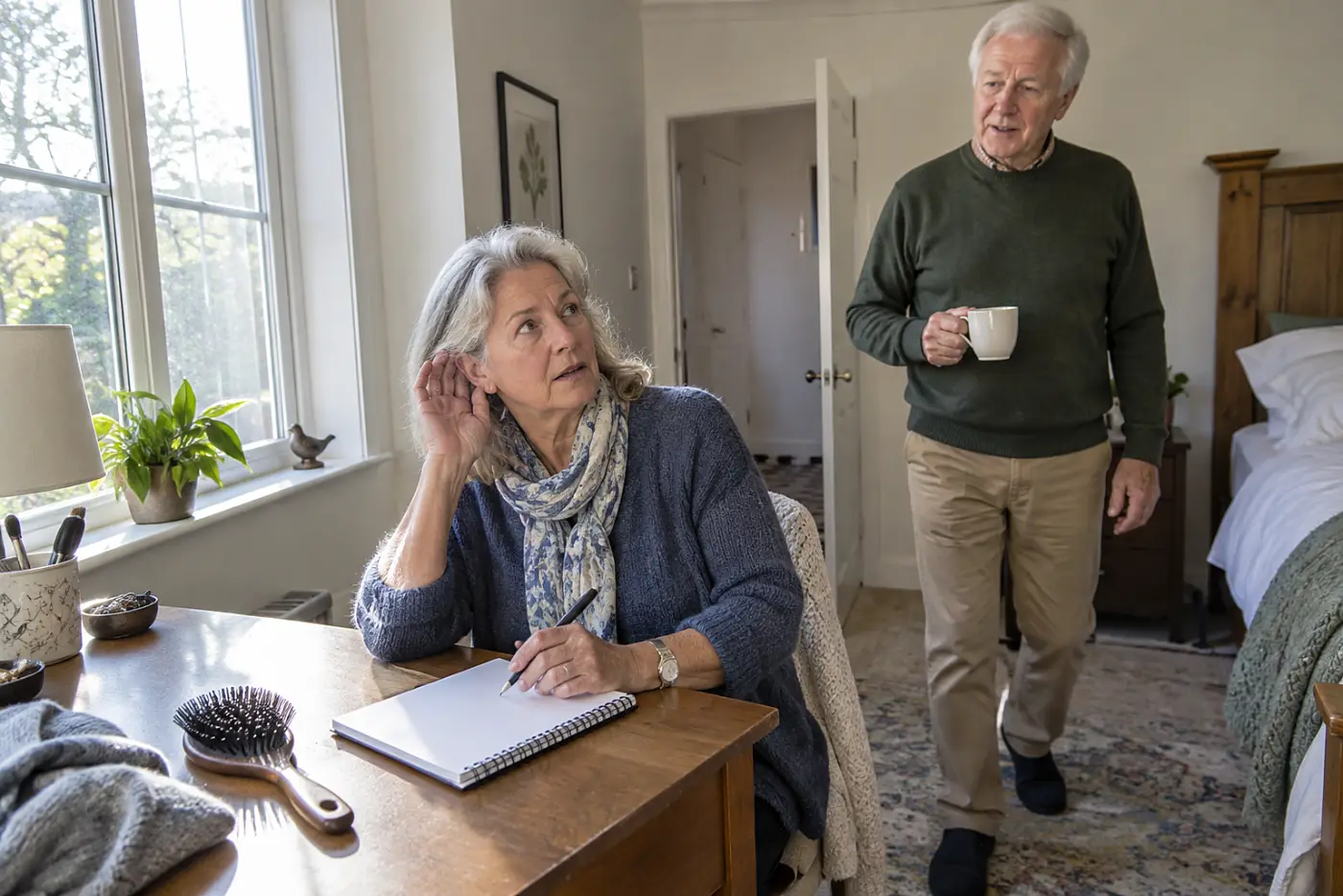 Older woman writing notes about ringing in her ear at a bedroom desk.