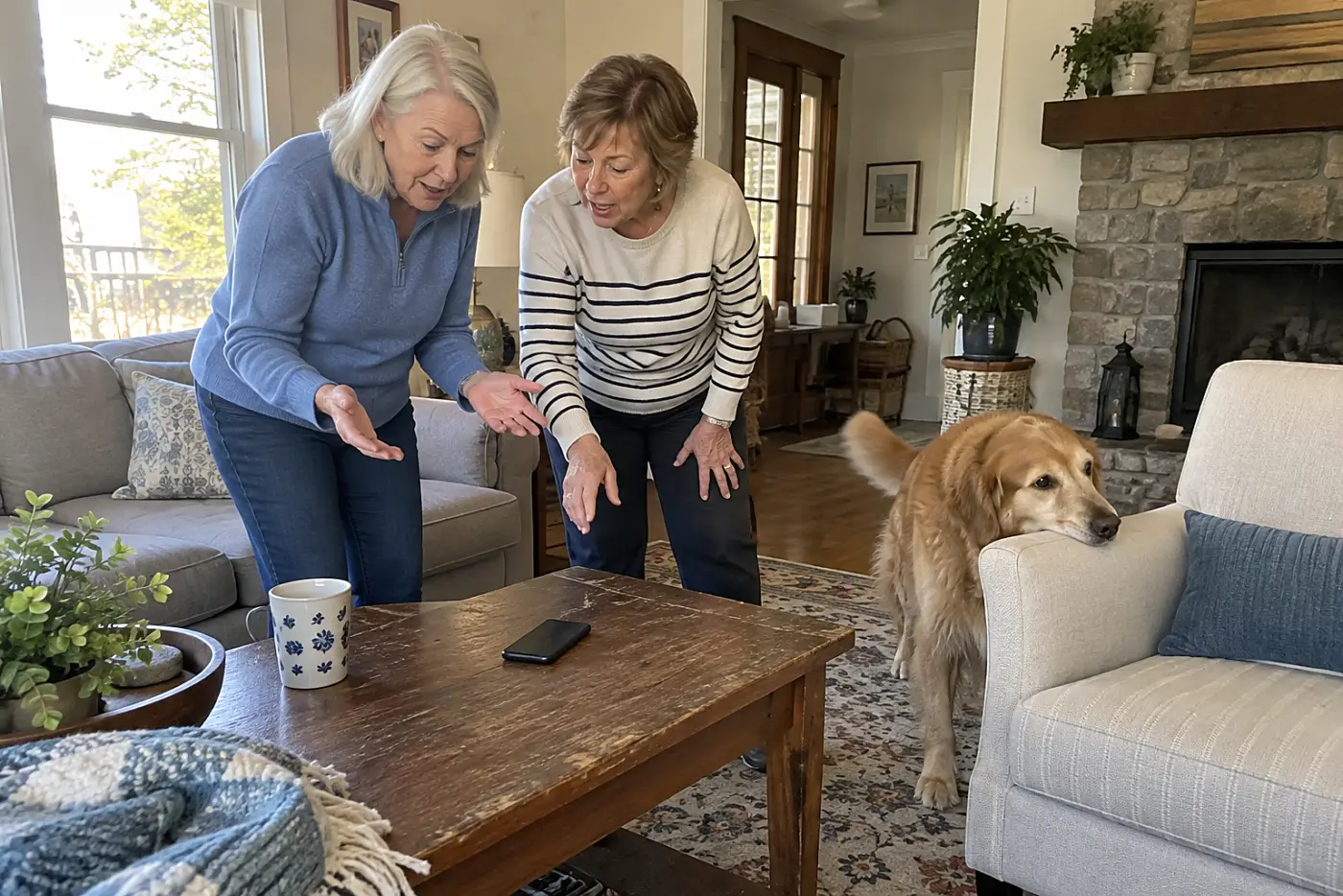 Older woman and a friend checking a phone alert at a living-room table.