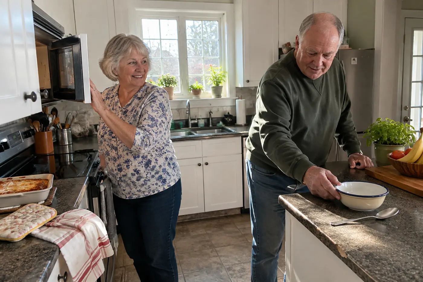 Older woman noticing a finished microwave meal on her kitchen counter.