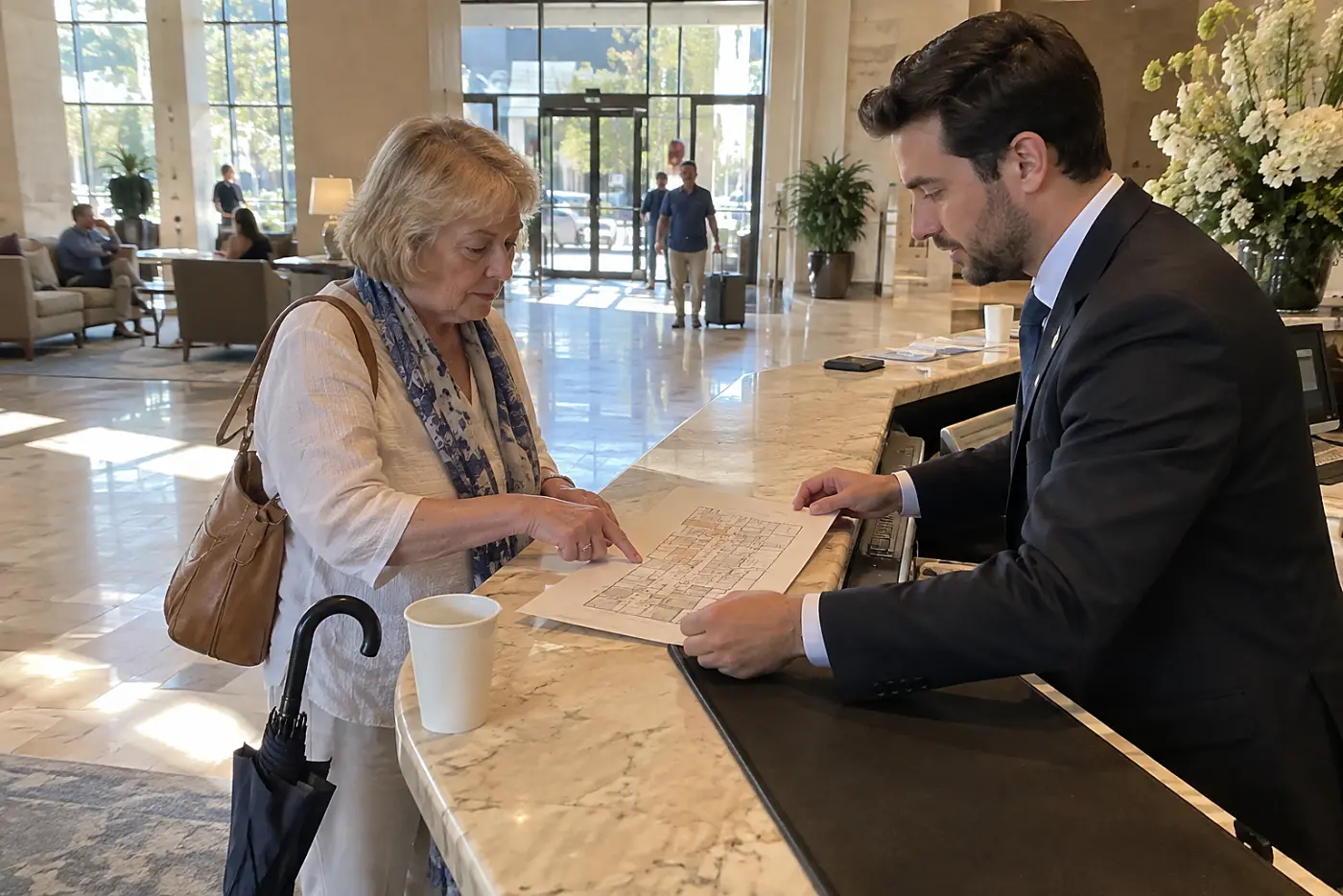 Older woman reviewing a hotel floor plan with a front desk clerk before receiving her key.