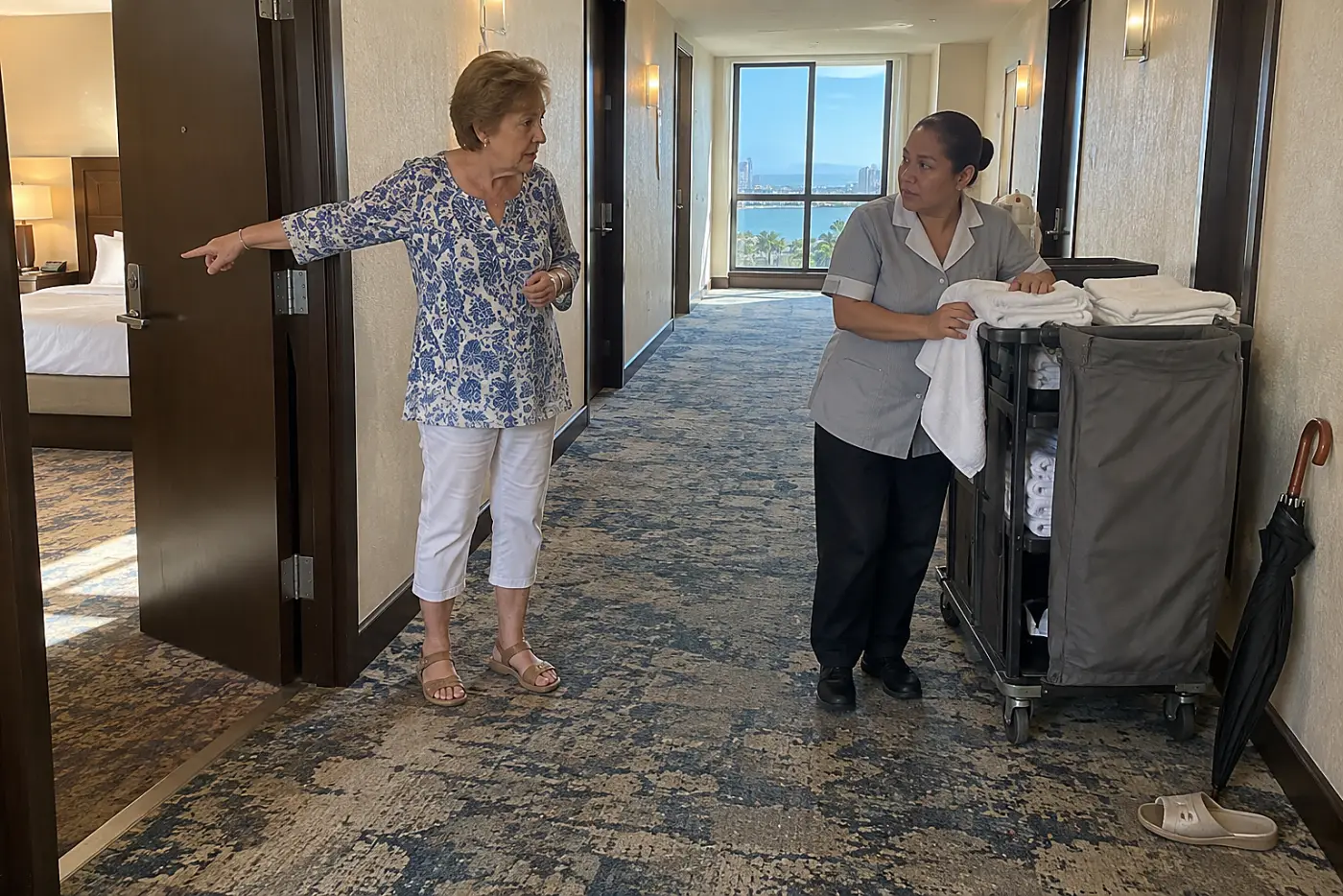 Older woman speaking with a housekeeper in a hotel corridor.
