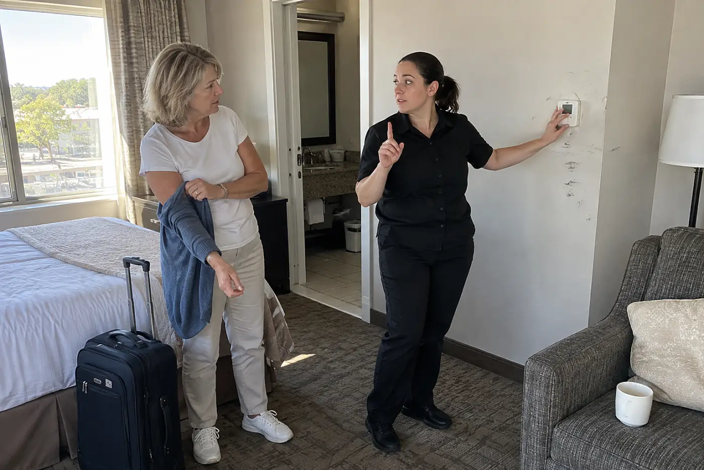 Hotel employee showing an older woman the thermostat on a guest-room wall.