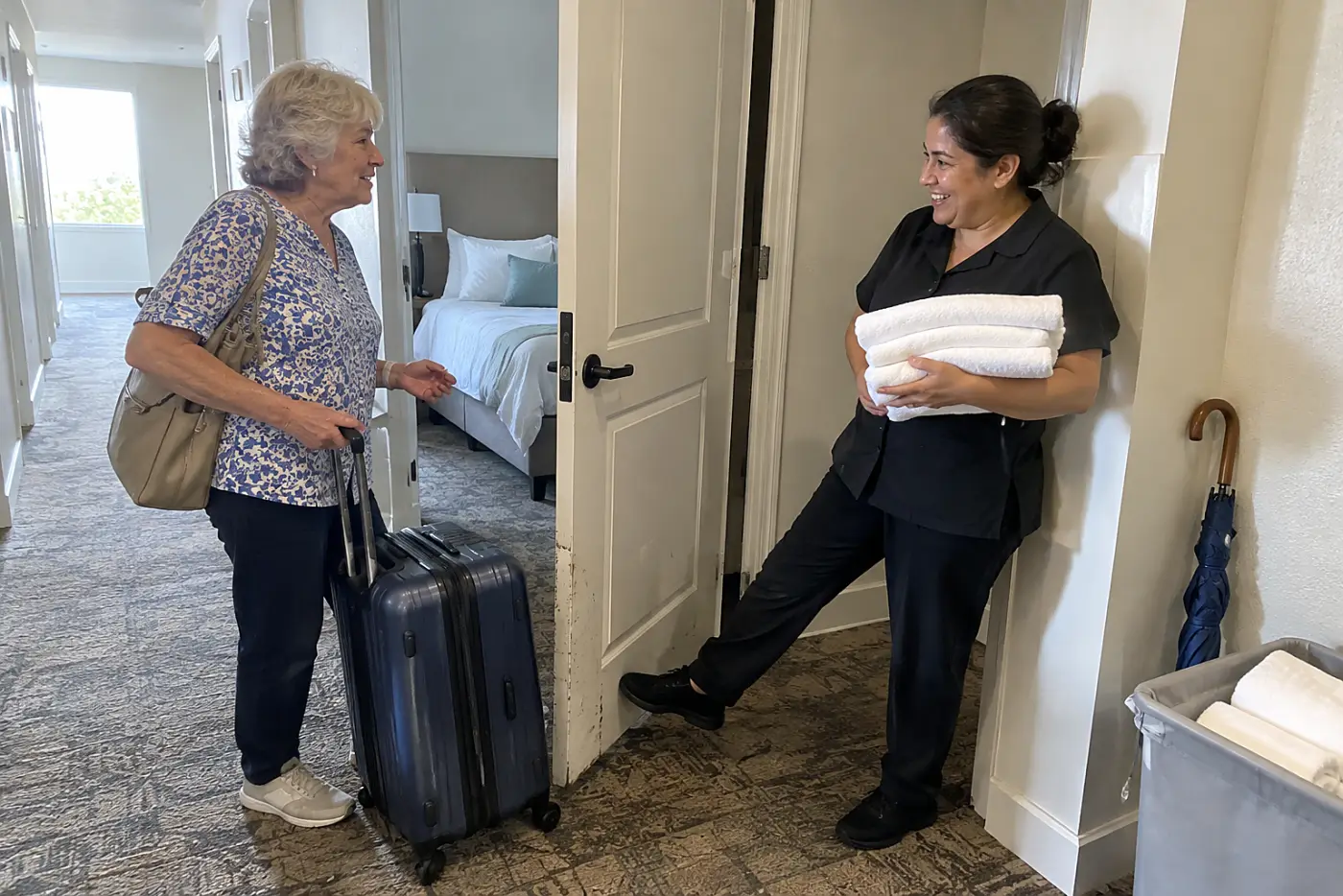 Older woman speaking with a housekeeper beside an open hotel room door.