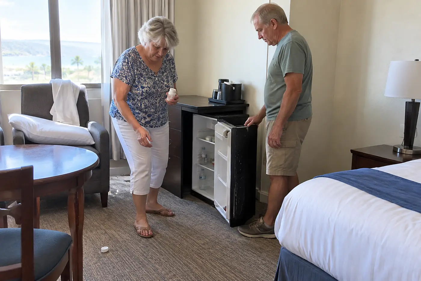 Older woman checking a medicine container beside a hotel room refrigerator.