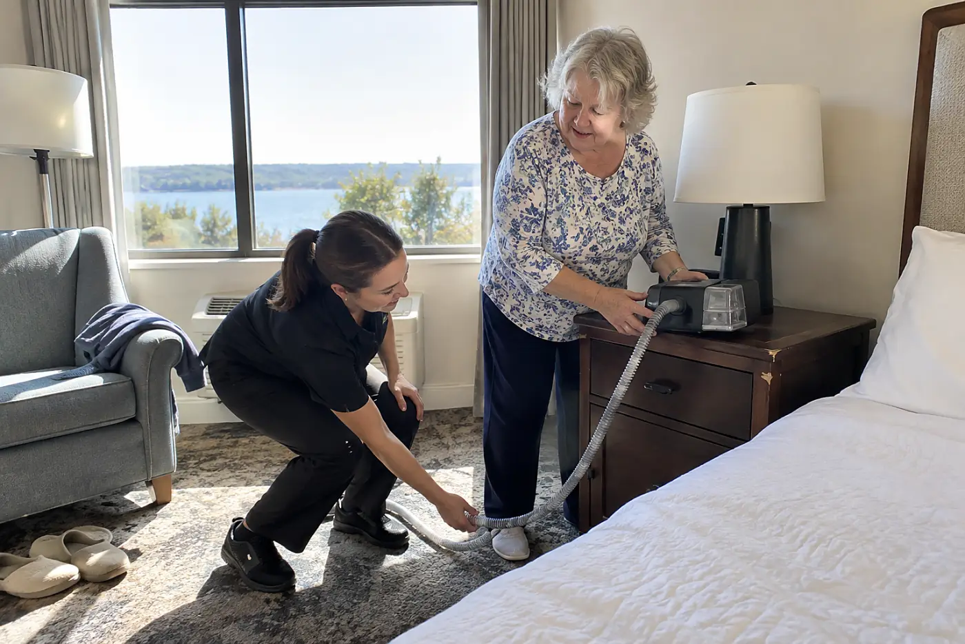 Older woman showing a CPAP machine to a hotel employee beside a guest-room bed.