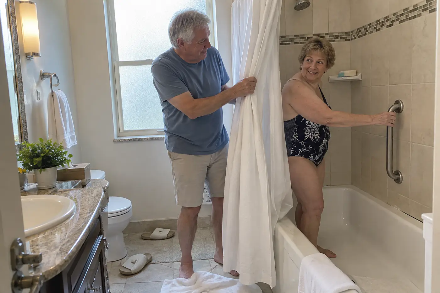 Older woman inspecting the shower and grab bars in a hotel bathroom.