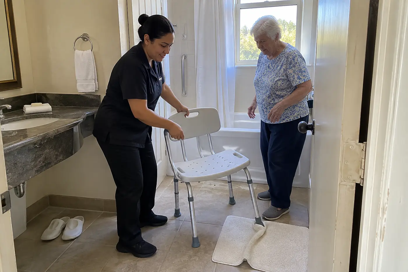 Hotel employee placing a shower chair inside a guest-room bathroom.