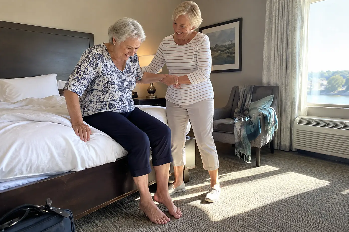 Older woman sitting on the edge of a hotel bed to test its height.