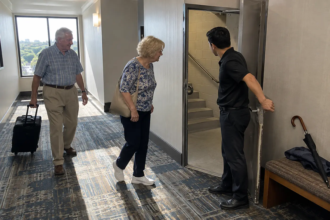 Hotel employee showing an older woman a stairwell door in a hotel hallway.