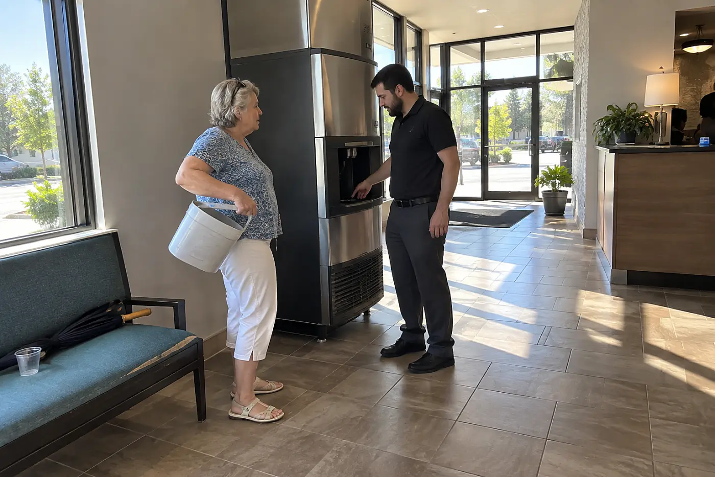 Older woman speaking with a desk clerk near a hotel ice machine.