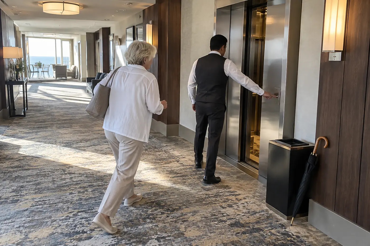 Older woman following a hotel employee toward an elevator in a lobby corridor.