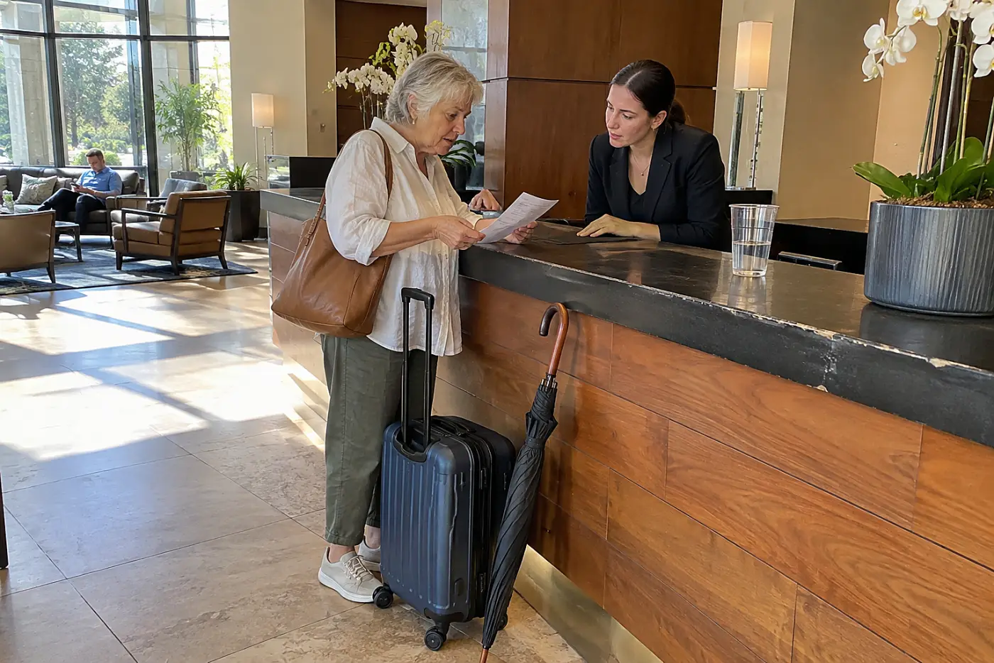Older woman reading an itemized bill at a hotel front desk.