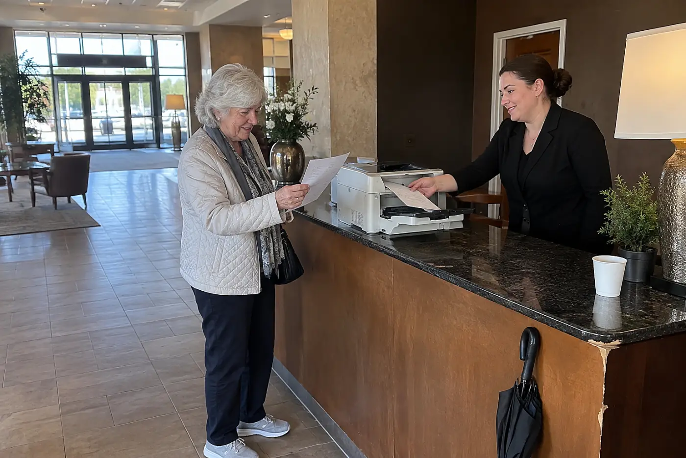 Older woman collecting a printed boarding pass from a hotel lobby printer.