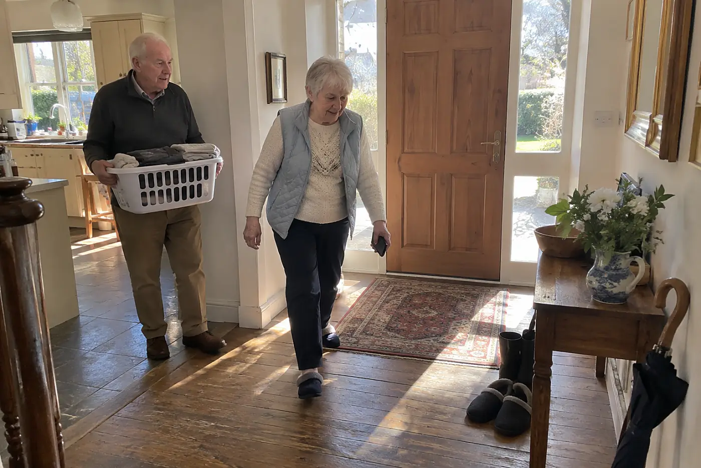 Older woman timing her walk from the kitchen to the front door.