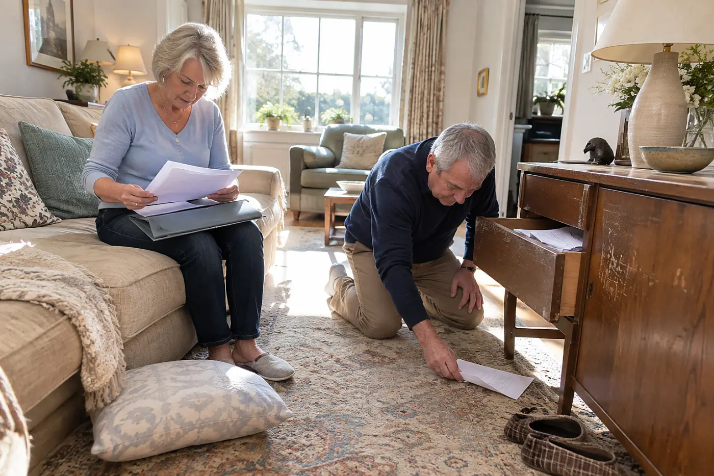 Older woman gathering house papers from a living-room drawer.