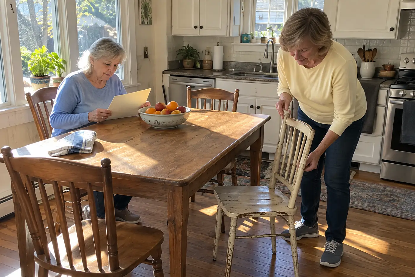 Older woman opening a repair estimate at her kitchen table.