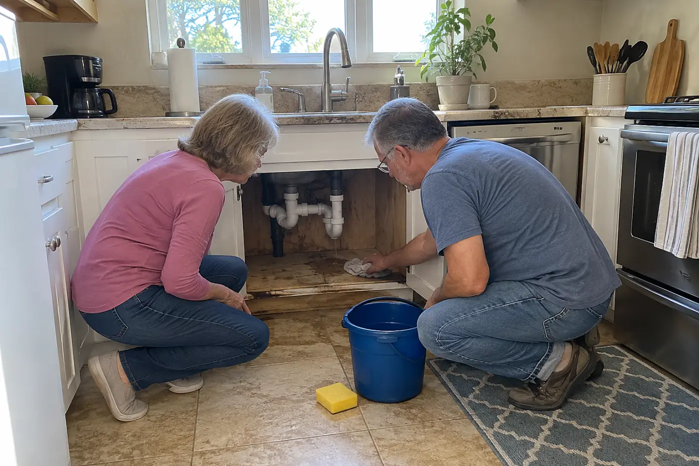 Older woman looking beneath the pipes in her emptied sink cabinet.